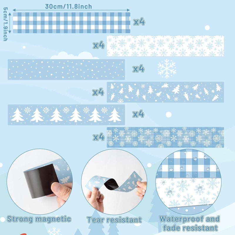 CPicdn 24Pcs Winter Classroom Magnetic Bulletin Board Borders Decoration Set, Christmas Tree Snowflakes Border Trims Blue White Classroom Chalkboard Supplies Wall Door Christmas Winter Party Decor - Image 2